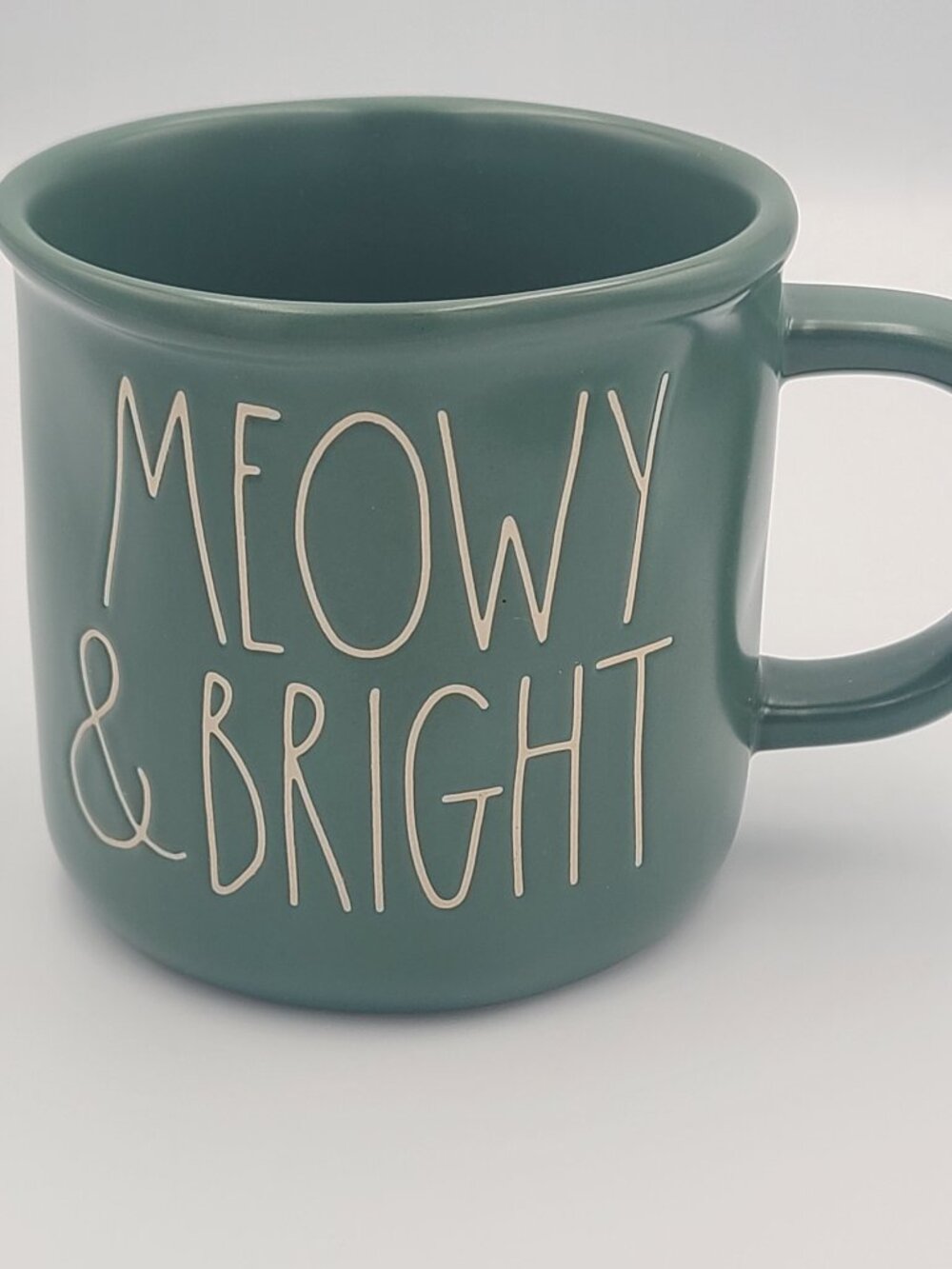 Rae Dunn 16 oz Meowy And Bright Christmas Green Coffee Mug Tea Cup Farmhouse GUC